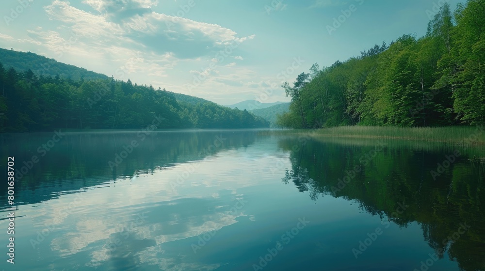 A picturesque view of a serene lake, with its calm waters reflecting the surrounding landscape, symbolizing the search for inner peace and balance on World Multiple Sclerosis Day.