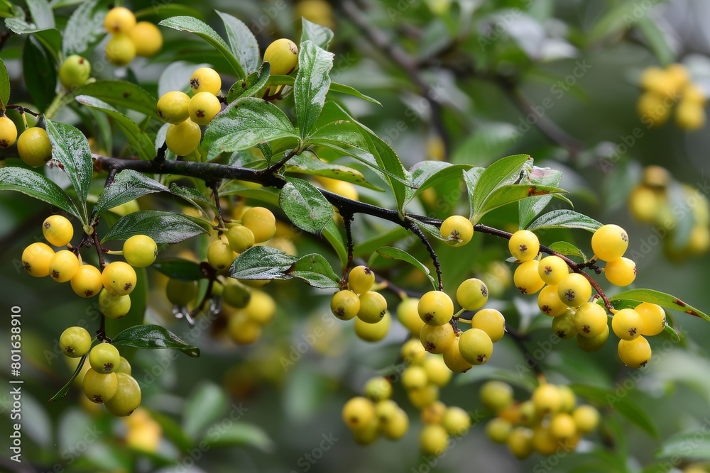 Vibrant yellow berries on a branch with green leaves Vibrant yellow berries on a branch with green leaves
