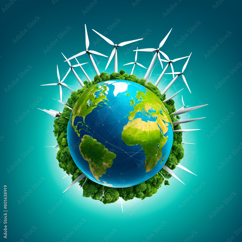World globe adorned with windmills, set against an electric blue backdrop World globe adorned with windmills, set against an electric blue backdrop