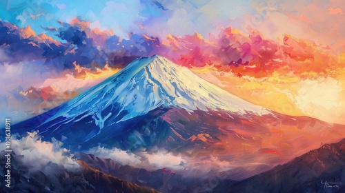 Mount fuji evening colorful sky painting