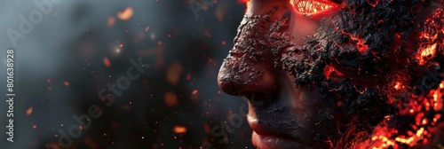 A close up of a man's face, half of his face is covered in lava. photo