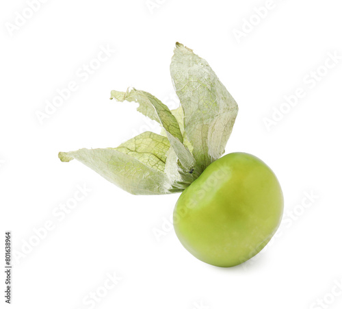 Fresh green tomatillo with husk isolated on white photo