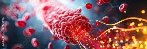 A 3D rendering of a virus attacking a red blood cell photo