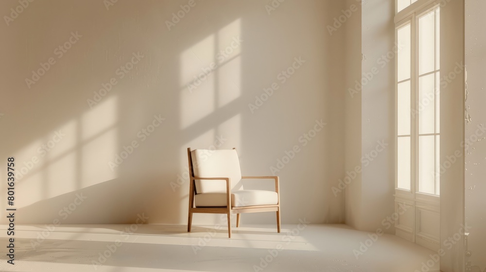 A sparse, well-lit room with white walls, featuring a single, elegant chair as the focal point, the embodiment of minimalist interior design. A sparse, well-lit room with white walls, featuring a single, elegant chair as the focal point, the embodiment of minimalist interior design.