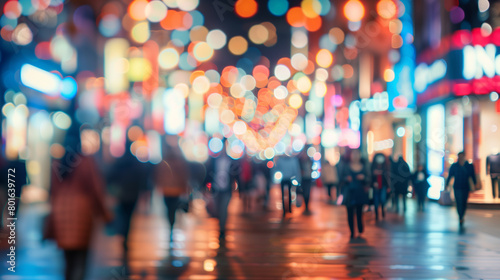Soft focus on a busy urban street at night, lights blurred into bokeh, reflecting the always-on nature of digital commerce, ecommerce background, with copy space
