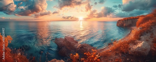 A beautiful sunset over the ocean. The sky is a gradient of orange, yellow, and pink. The water is a deep blue. The foreground is a rocky cliff with some grass and flowers.