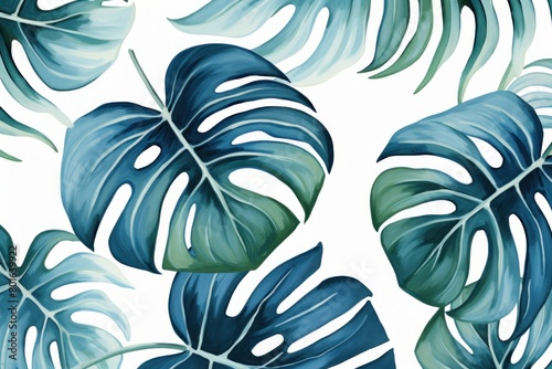 Abstract pattern with blue tropical palm monstera leaves