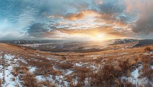 Panorama landscape of hills under winter skies, photography Colorful sun light high detail landscape background