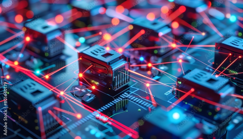 circuit board with glowing red and blue lights