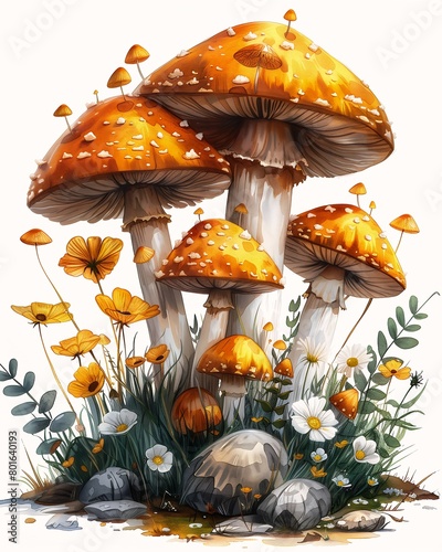 mushrooms growing out ground orange highlights yellow flowers illustration listing sheet bugs computer graphics mushroom umbrella shire photo