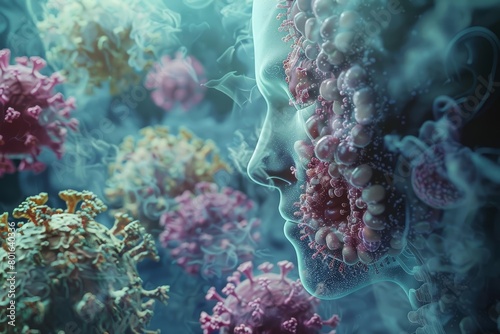 The common cold is visualized by a cluster of rhinovirus particles invading respiratory tissues, displaying the ubiquitous ailment, close up hitech concept photo