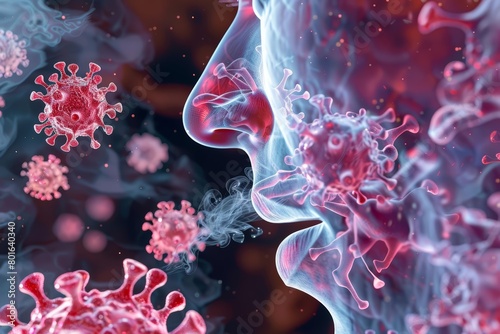The common cold is visualized by a cluster of rhinovirus particles invading respiratory tissues, displaying the ubiquitous ailment, close up hitech concept photo