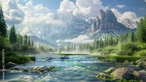 Mountain river landscape with sky