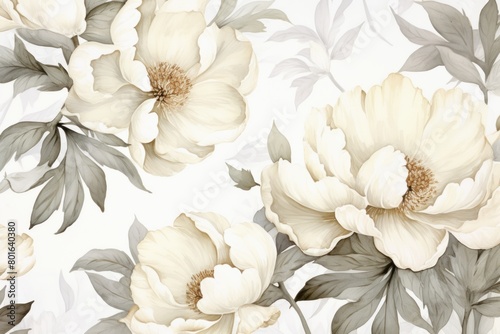 Floral pattern with white peonies. Blooming flowers on a light background. Watercolor style