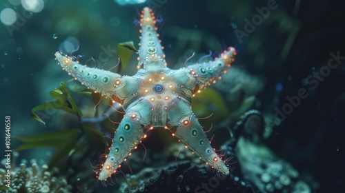 A 3D render of a starfish made of stone with glowing orange eyes laying on a bed of rocks and coral