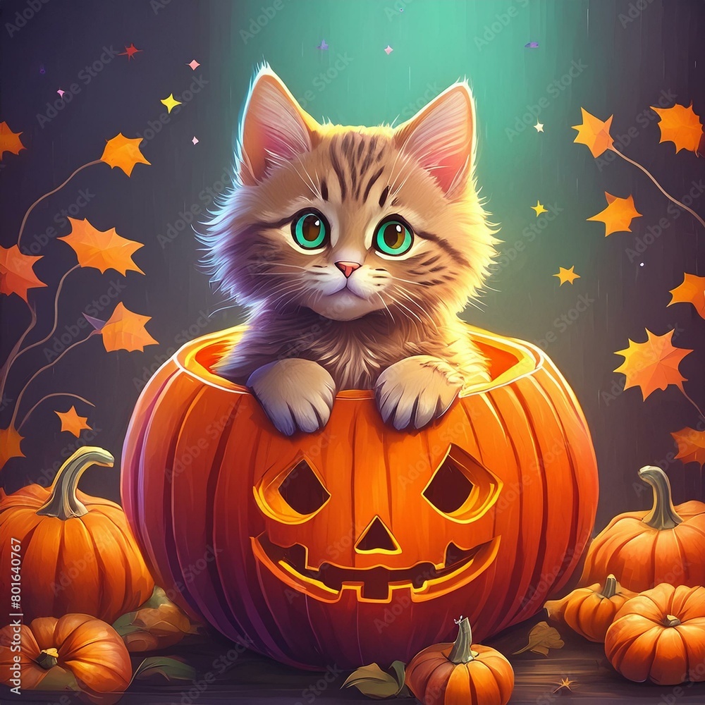 cute kitten cat sitting inside a pumpkin illustration cute kitten cat sitting inside a pumpkin illustration
