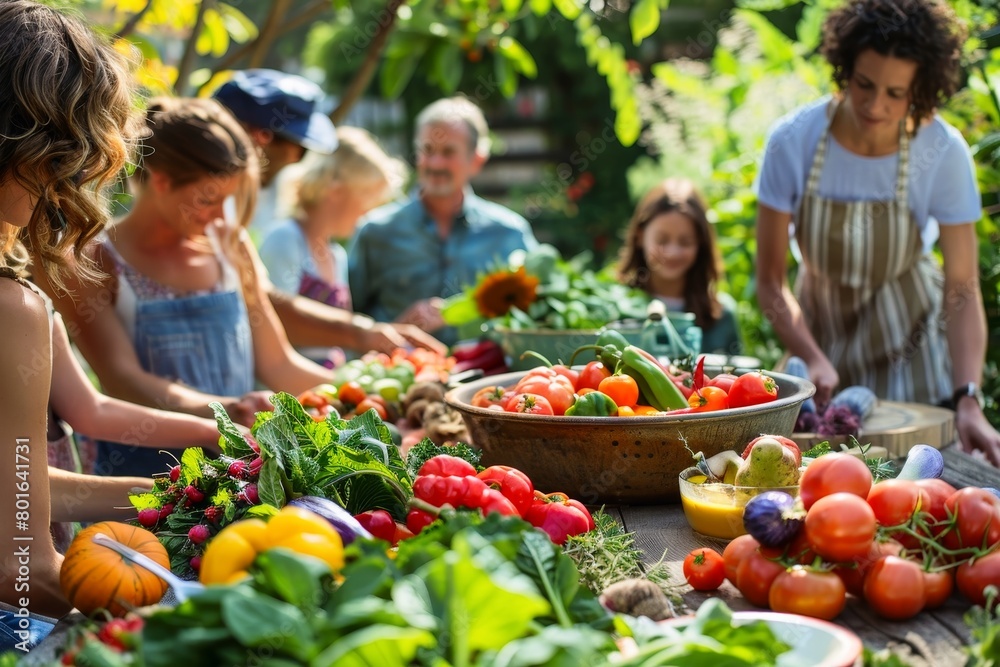 A vibrant scene of people gathering around a table overflowing with freshly harvested produce. A vibrant scene of people gathering around a table overflowing with freshly harvested produce.