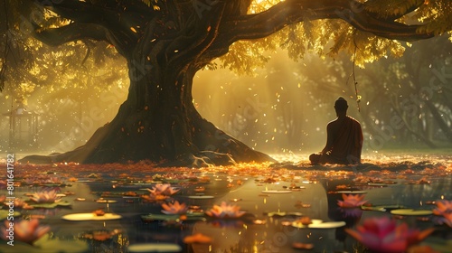 Tranquil meditation scene under giant mystical tree at sunset with falling leaves