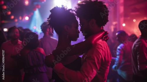 An intimate moment amid the chaos, where two dancers share a connection, their movements graceful and fluid, a personal story unfolding on the crowded dance floor.