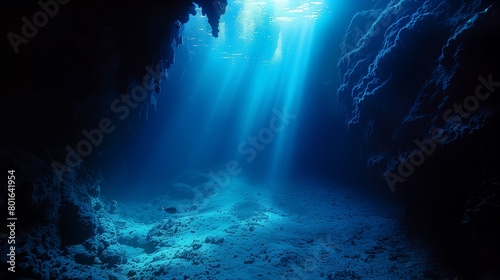underwater view with sun beams shining through the water near rocks photo