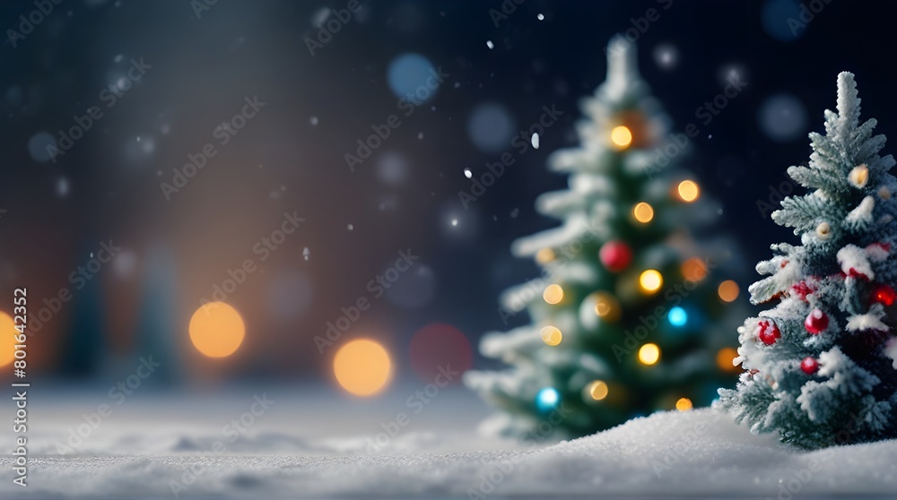 Christmas Blurred Background with Snowy Xmas Tree and Garland Lights, Holiday Greeting Card Design, Festive Website Banner, Social Media Post
