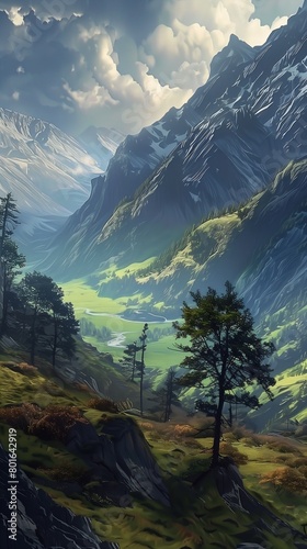 mountain lone tree foreground germany switzerland view zoomed out panoramic mysterious canyon streams scenery