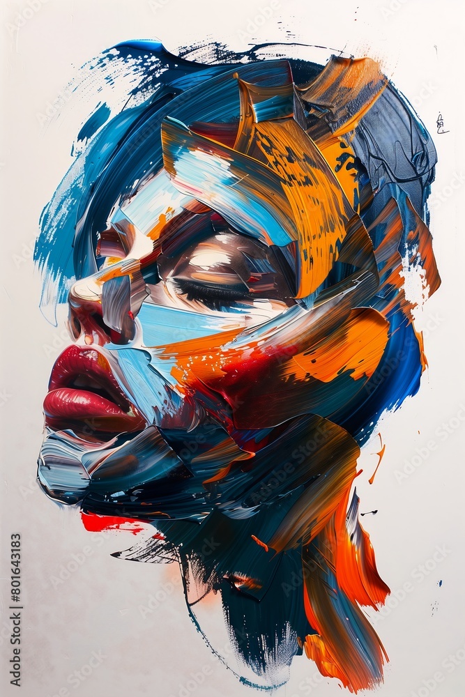 woman face blue orange ash swirling paint perfect five star jawline oil pristine skin ink under red focused neck european top