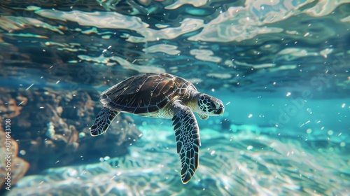 A serene image of a sea turtle gliding gracefully through crystal-clear waters, showcasing the beauty and tranquility of these ancient marine creatures on World Turtle Day.