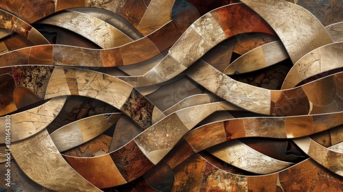 Intricate digital collage of interwoven ribbons mimicking traditional embroidery, enhanced with gold and bronze hues.