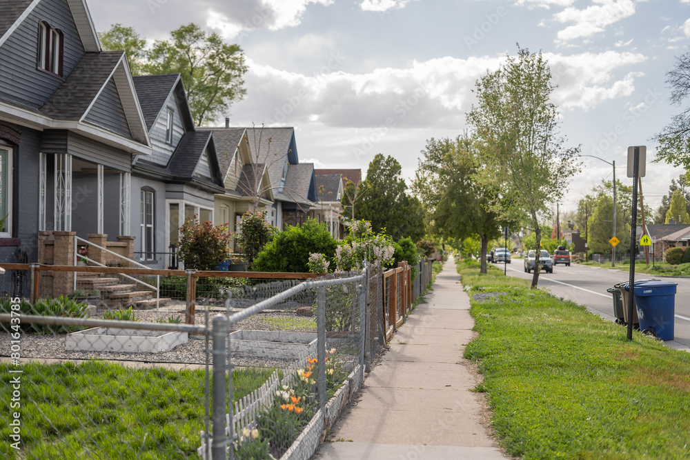 Walking Down Sidewalk Neighborhood Street Spring Time