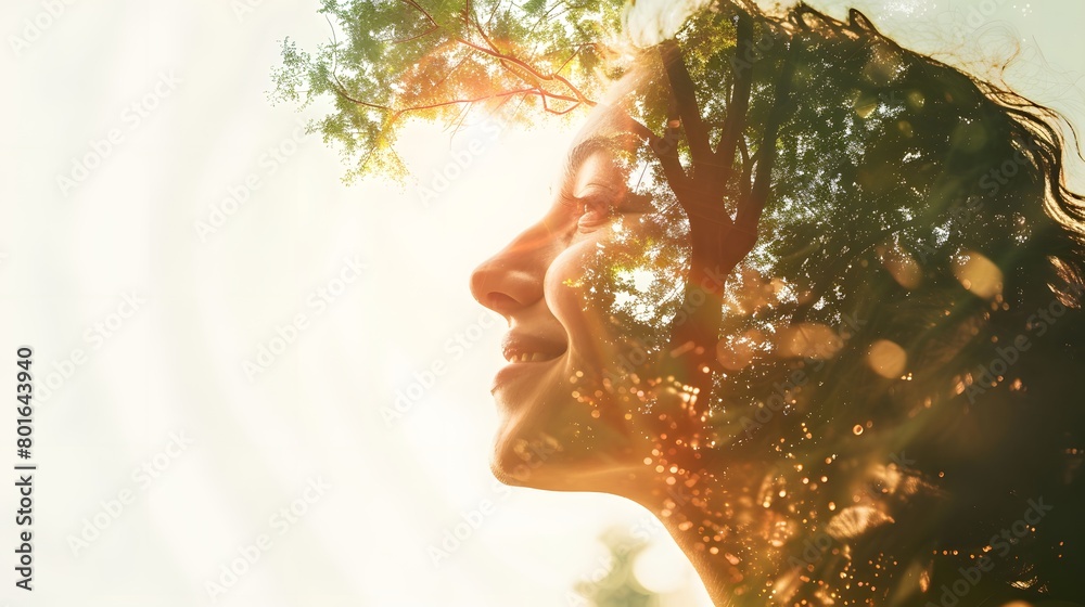 Double exposure portrait of a woman and nature in bright sunlight