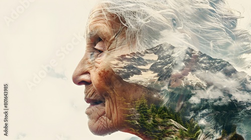 Elderly woman's profile mountain landscape, symbolizing reflection and peace, double exposure