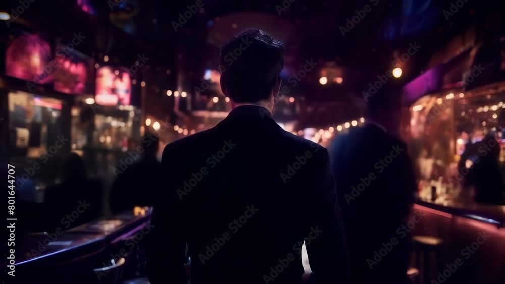 A man stands alone, enveloped in the vibrant atmosphere of a bustling bar, with lights casting an ethereal glow over lively patrons. A depressed man in a bar