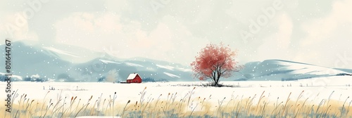 snowy landscape red tree barn middle illustration apple blossoms storybook design vignette light space farm photo