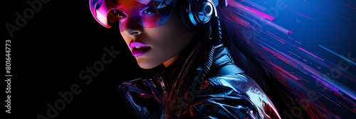 Futuristic female dj showcasing avant-garde style with neon lights, capturing the essence of edm and techno music, ideal for album artwork and music-related visuals photo