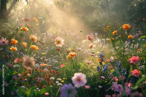 Soft morning light illuminating flower garden © Fathur