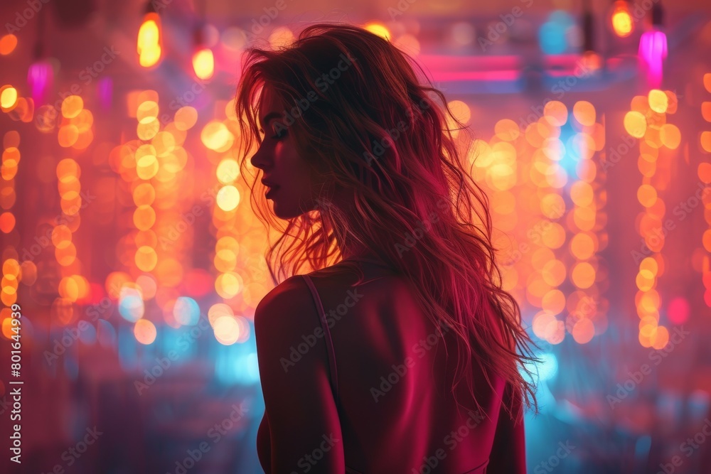 A woman with long hair stands in front of a colorful background