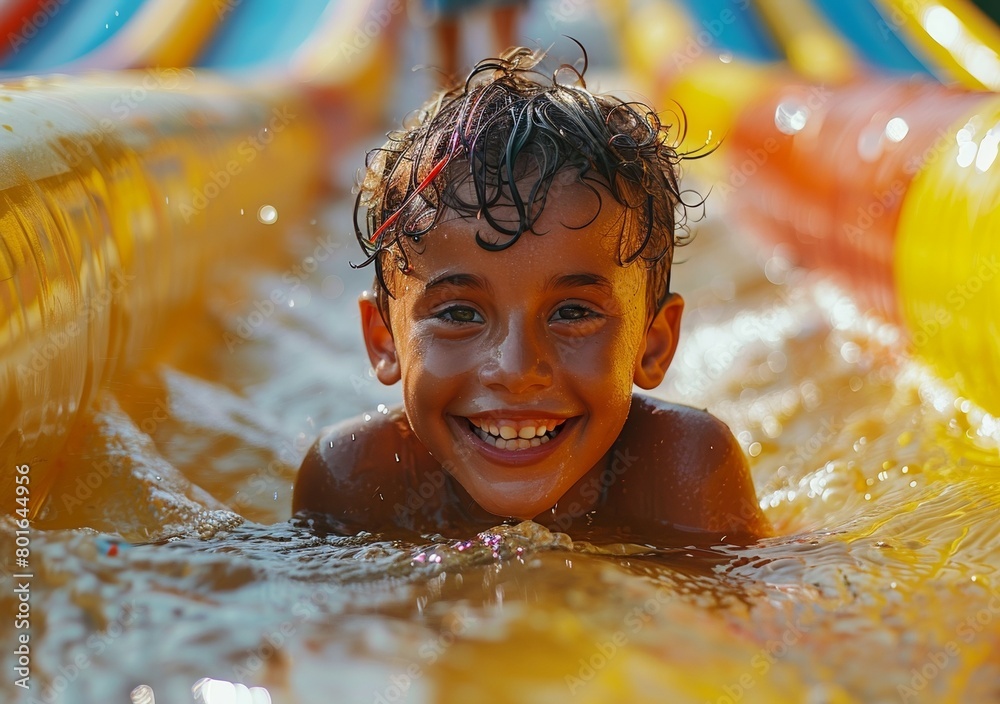 A young boy is smiling and splashing in a pool A young boy is smiling and splashing in a pool