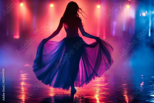 A woman in a purple skirt is dancing in the rain