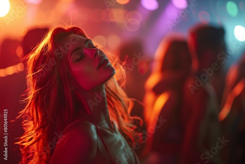 A woman with long red hair is dancing in a club