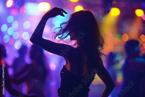 A woman is dancing in a club with other people