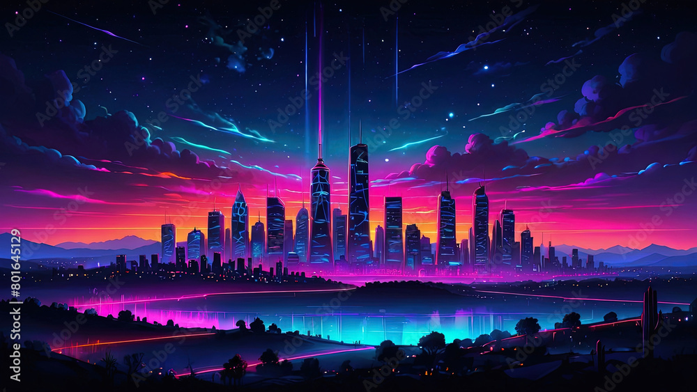 The landscape of a modern metropolis with a lake in front of the city in a neon glow at sunset under a starry sky