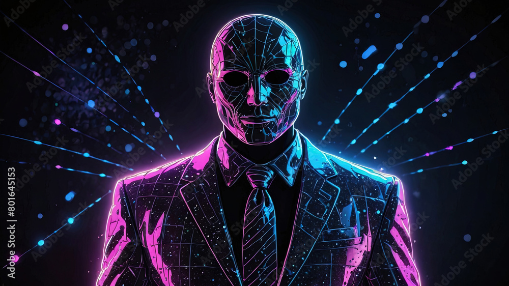 the silhouette of a bald man in purple and blue shades in a suit painted with neon lines with cobwebs on the background