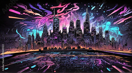 Urban landscape at sunset in the style of painted with felt-tip pens, sunset colors, banner