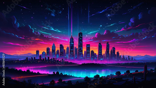 The landscape of a modern metropolis with a lake in front of the city in a neon glow at sunset under a starry sky
