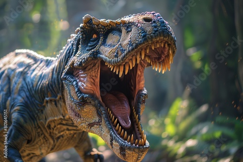 Capture the moment of an Allosaurus roaring in a display of dominance, its powerful jaws open wide with sharp teeth glistening in the sunlight © Roberto