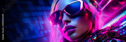 Futuristic fashion aesthetic  stylized portrait of a model illuminated by vibrant neon lights  evoking the energy of edm and techno music scenes  ideal for avant-garde cover art