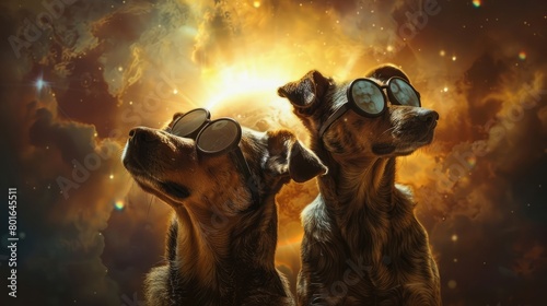 Nostagia vintage dogs looking at a total solar eclipse with protective glasses on. Reflection of the total solar eclipse in the glasses background. photo