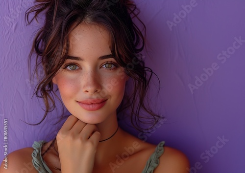 woman green top purple wall portrait necromancer girl cute face method slight freckles dating mod olive skin