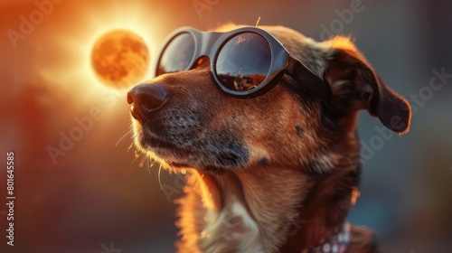 Nostagia vintage dogs looking at a total solar eclipse with protective glasses on. Reflection of the total solar eclipse in the glasses background.